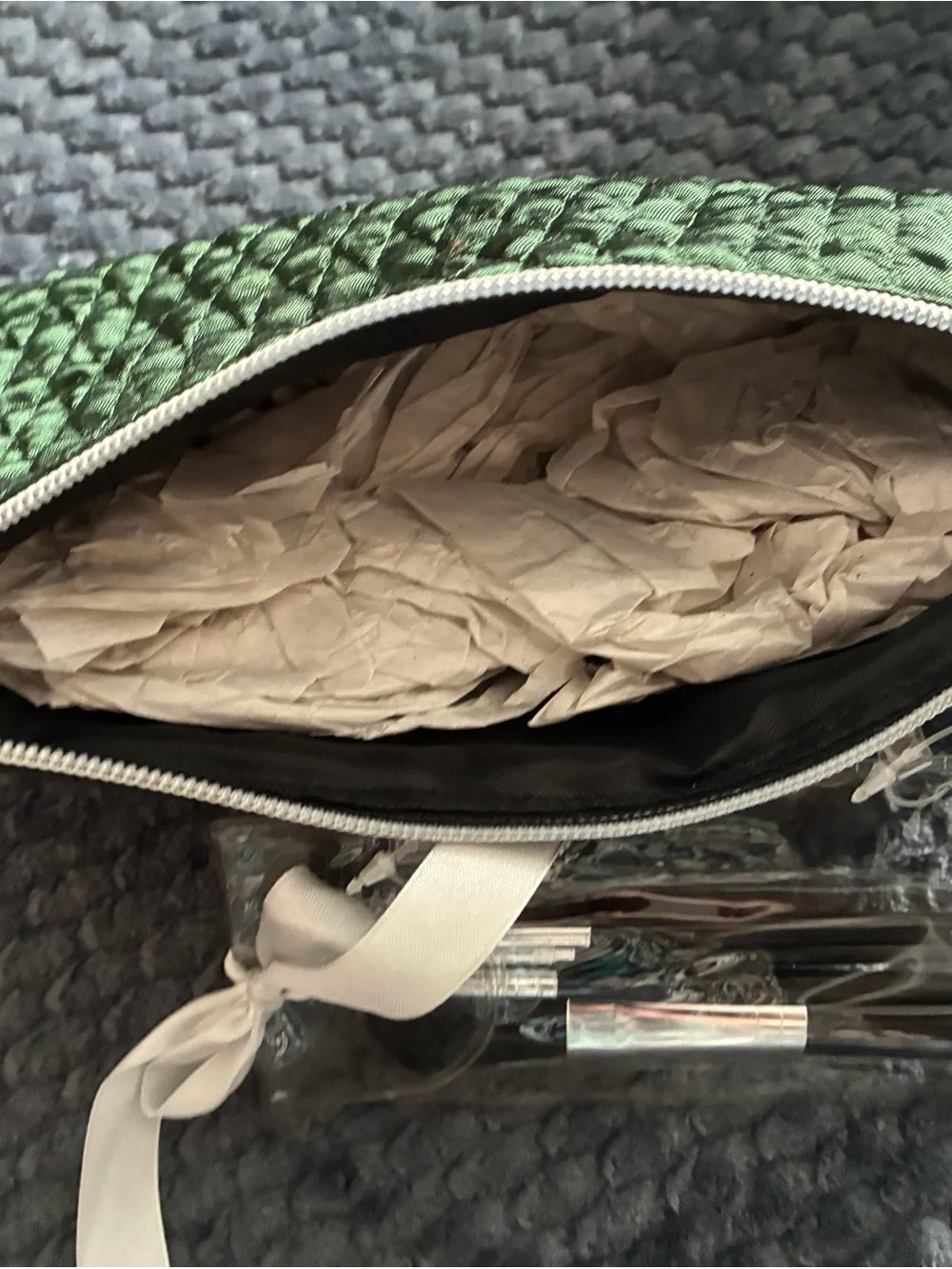 Modella Green Quilted Cosmetic and/or Phone Pouch with Mirror